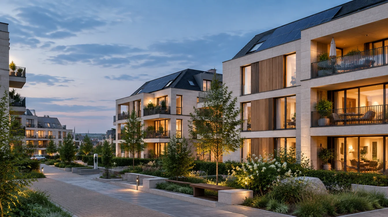 Modernes Wohnquartier mit Photovoltaik und beleuchteten Wohnungen am Abend